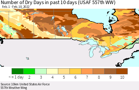 Canada Number of Dry Days in past 10 days (USAF 557th WW) Thematic Map For 2/6/2022 - 2/10/2022