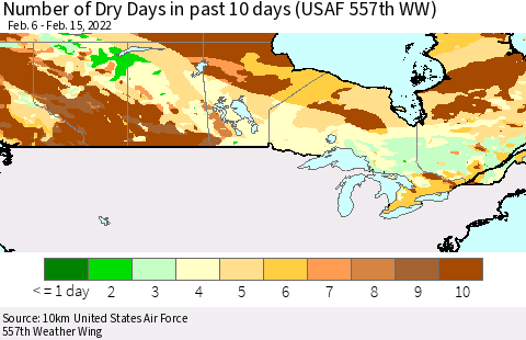 Canada Number of Dry Days in past 10 days (USAF 557th WW) Thematic Map For 2/11/2022 - 2/15/2022