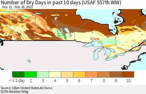 Canada Number of Dry Days in past 10 days (USAF 557th WW) Thematic Map For 2/16/2022 - 2/20/2022