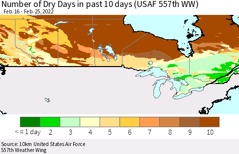 Canada Number of Dry Days in past 10 days (USAF 557th WW) Thematic Map For 2/21/2022 - 2/25/2022