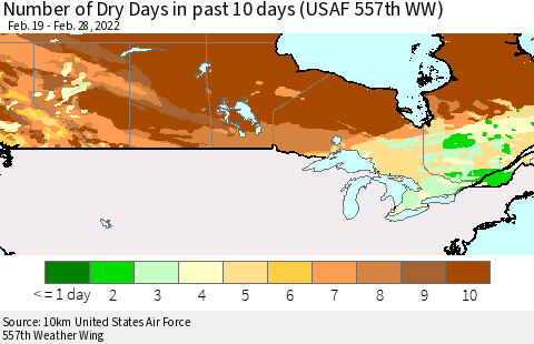 Canada Number of Dry Days in past 10 days (USAF 557th WW) Thematic Map For 2/26/2022 - 2/28/2022