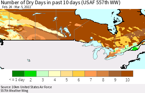 Canada Number of Dry Days in past 10 days (USAF 557th WW) Thematic Map For 3/1/2022 - 3/5/2022