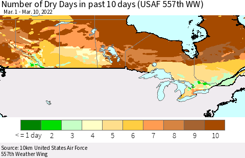 Canada Number of Dry Days in past 10 days (USAF 557th WW) Thematic Map For 3/6/2022 - 3/10/2022