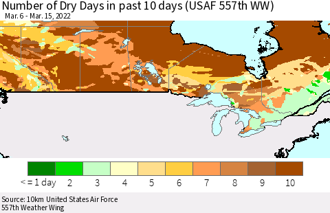 Canada Number of Dry Days in past 10 days (USAF 557th WW) Thematic Map For 3/11/2022 - 3/15/2022