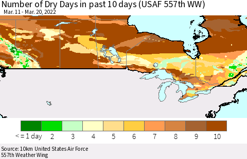 Canada Number of Dry Days in past 10 days (USAF 557th WW) Thematic Map For 3/16/2022 - 3/20/2022