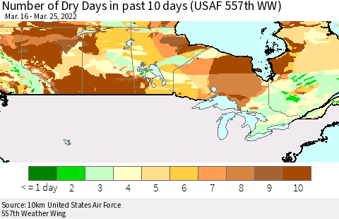 Canada Number of Dry Days in past 10 days (USAF 557th WW) Thematic Map For 3/21/2022 - 3/25/2022