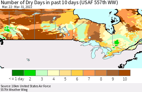 Canada Number of Dry Days in past 10 days (USAF 557th WW) Thematic Map For 3/26/2022 - 3/31/2022