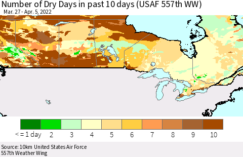 Canada Number of Dry Days in past 10 days (USAF 557th WW) Thematic Map For 4/1/2022 - 4/5/2022