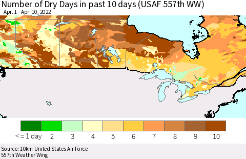 Canada Number of Dry Days in past 10 days (USAF 557th WW) Thematic Map For 4/6/2022 - 4/10/2022