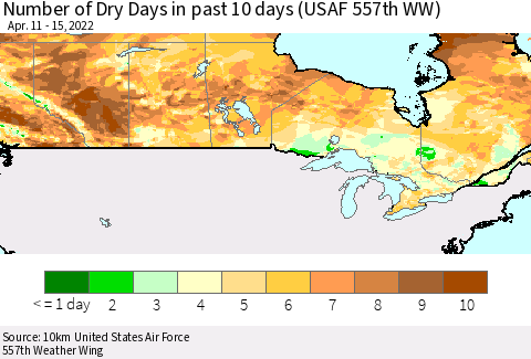 Canada Number of Dry Days in past 10 days (USAF 557th WW) Thematic Map For 4/11/2022 - 4/15/2022