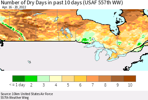 Canada Number of Dry Days in past 10 days (USAF 557th WW) Thematic Map For 4/16/2022 - 4/20/2022