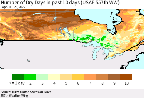 Canada Number of Dry Days in past 10 days (USAF 557th WW) Thematic Map For 4/21/2022 - 4/25/2022
