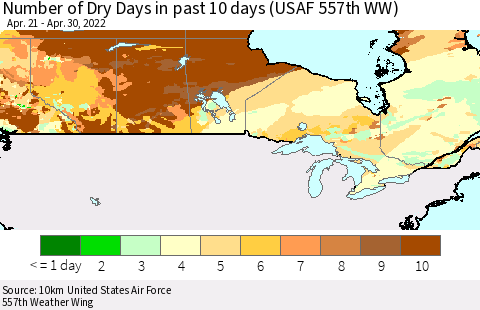 Canada Number of Dry Days in past 10 days (USAF 557th WW) Thematic Map For 4/26/2022 - 4/30/2022