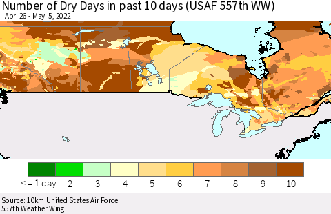 Canada Number of Dry Days in past 10 days (USAF 557th WW) Thematic Map For 5/1/2022 - 5/5/2022