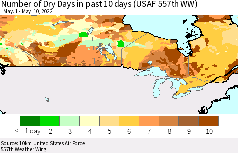 Canada Number of Dry Days in past 10 days (USAF 557th WW) Thematic Map For 5/6/2022 - 5/10/2022