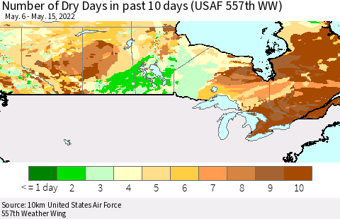 Canada Number of Dry Days in past 10 days (USAF 557th WW) Thematic Map For 5/11/2022 - 5/15/2022