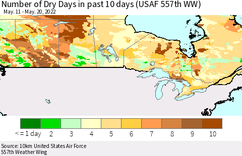 Canada Number of Dry Days in past 10 days (USAF 557th WW) Thematic Map For 5/16/2022 - 5/20/2022