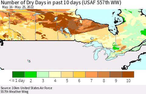 Canada Number of Dry Days in past 10 days (USAF 557th WW) Thematic Map For 5/21/2022 - 5/25/2022