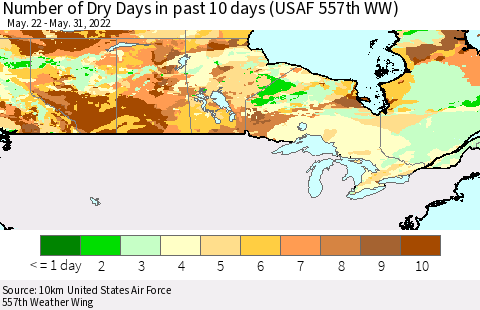 Canada Number of Dry Days in past 10 days (USAF 557th WW) Thematic Map For 5/26/2022 - 5/31/2022
