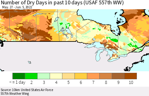 Canada Number of Dry Days in past 10 days (USAF 557th WW) Thematic Map For 6/1/2022 - 6/5/2022