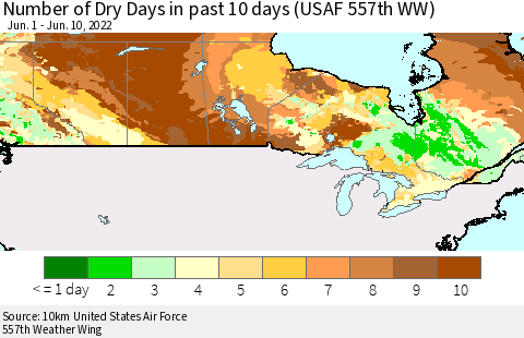 Canada Number of Dry Days in past 10 days (USAF 557th WW) Thematic Map For 6/6/2022 - 6/10/2022