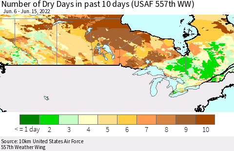 Canada Number of Dry Days in past 10 days (USAF 557th WW) Thematic Map For 6/11/2022 - 6/15/2022