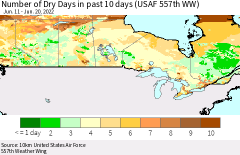 Canada Number of Dry Days in past 10 days (USAF 557th WW) Thematic Map For 6/16/2022 - 6/20/2022