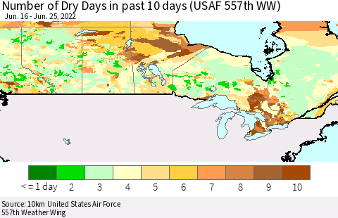 Canada Number of Dry Days in past 10 days (USAF 557th WW) Thematic Map For 6/21/2022 - 6/25/2022