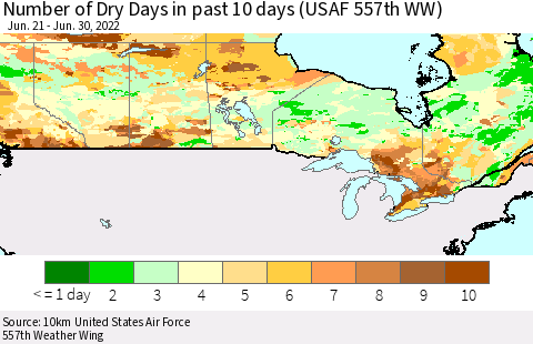Canada Number of Dry Days in past 10 days (USAF 557th WW) Thematic Map For 6/26/2022 - 6/30/2022