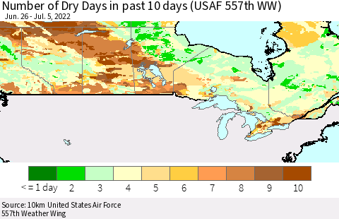 Canada Number of Dry Days in past 10 days (USAF 557th WW) Thematic Map For 7/1/2022 - 7/5/2022