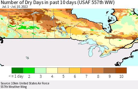Canada Number of Dry Days in past 10 days (USAF 557th WW) Thematic Map For 7/6/2022 - 7/10/2022