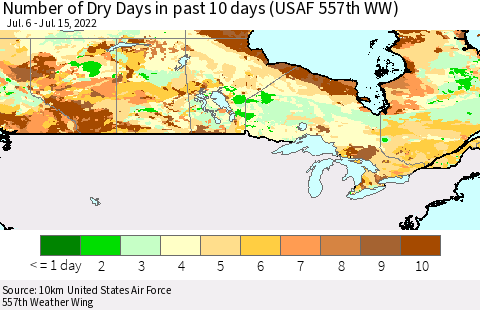 Canada Number of Dry Days in past 10 days (USAF 557th WW) Thematic Map For 7/11/2022 - 7/15/2022