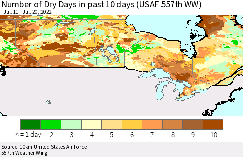 Canada Number of Dry Days in past 10 days (USAF 557th WW) Thematic Map For 7/16/2022 - 7/20/2022