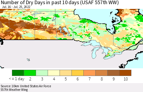 Canada Number of Dry Days in past 10 days (USAF 557th WW) Thematic Map For 7/21/2022 - 7/25/2022