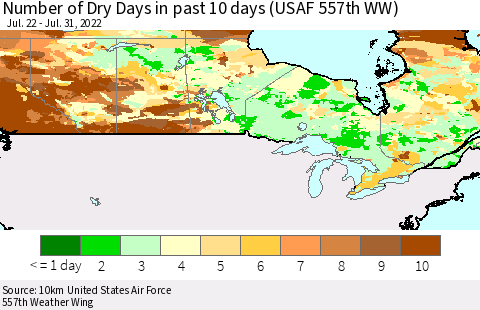 Canada Number of Dry Days in past 10 days (USAF 557th WW) Thematic Map For 7/26/2022 - 7/31/2022