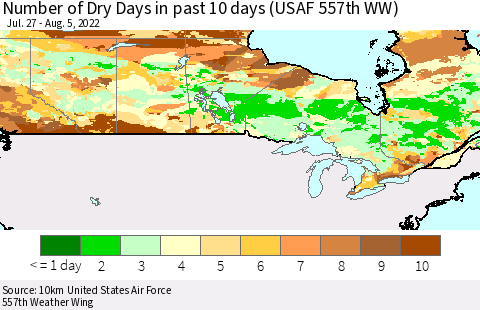 Canada Number of Dry Days in past 10 days (USAF 557th WW) Thematic Map For 8/1/2022 - 8/5/2022