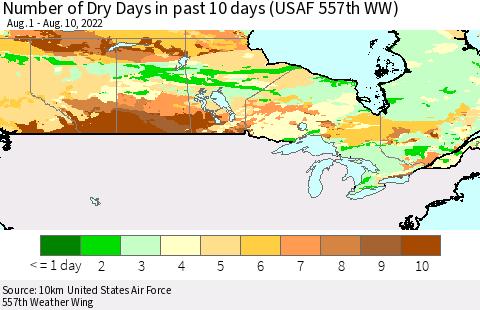 Canada Number of Dry Days in past 10 days (USAF 557th WW) Thematic Map For 8/6/2022 - 8/10/2022