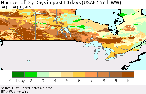 Canada Number of Dry Days in past 10 days (USAF 557th WW) Thematic Map For 8/11/2022 - 8/15/2022