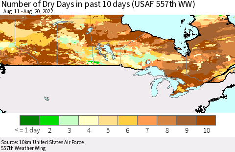 Canada Number of Dry Days in past 10 days (USAF 557th WW) Thematic Map For 8/16/2022 - 8/20/2022