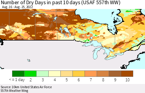 Canada Number of Dry Days in past 10 days (USAF 557th WW) Thematic Map For 8/21/2022 - 8/25/2022