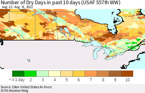 Canada Number of Dry Days in past 10 days (USAF 557th WW) Thematic Map For 8/26/2022 - 8/31/2022