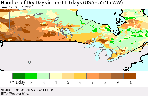 Canada Number of Dry Days in past 10 days (USAF 557th WW) Thematic Map For 9/1/2022 - 9/5/2022
