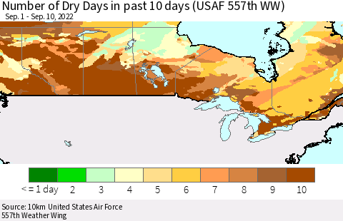 Canada Number of Dry Days in past 10 days (USAF 557th WW) Thematic Map For 9/6/2022 - 9/10/2022