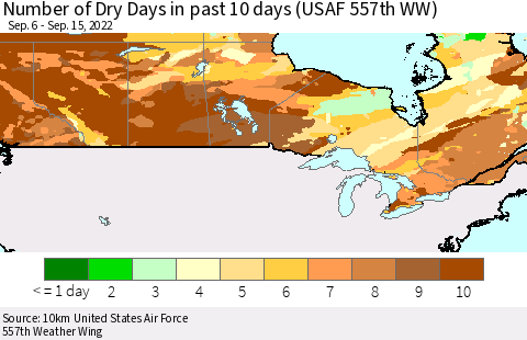 Canada Number of Dry Days in past 10 days (USAF 557th WW) Thematic Map For 9/11/2022 - 9/15/2022