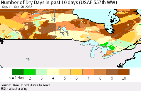 Canada Number of Dry Days in past 10 days (USAF 557th WW) Thematic Map For 9/16/2022 - 9/20/2022