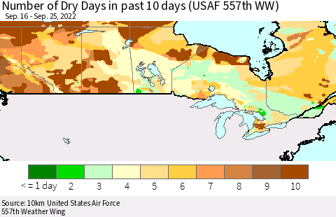 Canada Number of Dry Days in past 10 days (USAF 557th WW) Thematic Map For 9/21/2022 - 9/25/2022