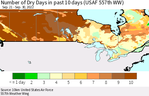 Canada Number of Dry Days in past 10 days (USAF 557th WW) Thematic Map For 9/26/2022 - 9/30/2022