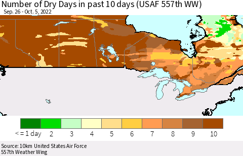 Canada Number of Dry Days in past 10 days (USAF 557th WW) Thematic Map For 10/1/2022 - 10/5/2022