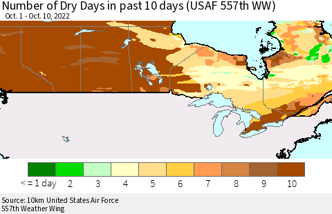 Canada Number of Dry Days in past 10 days (USAF 557th WW) Thematic Map For 10/6/2022 - 10/10/2022