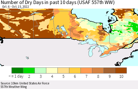 Canada Number of Dry Days in past 10 days (USAF 557th WW) Thematic Map For 10/11/2022 - 10/15/2022